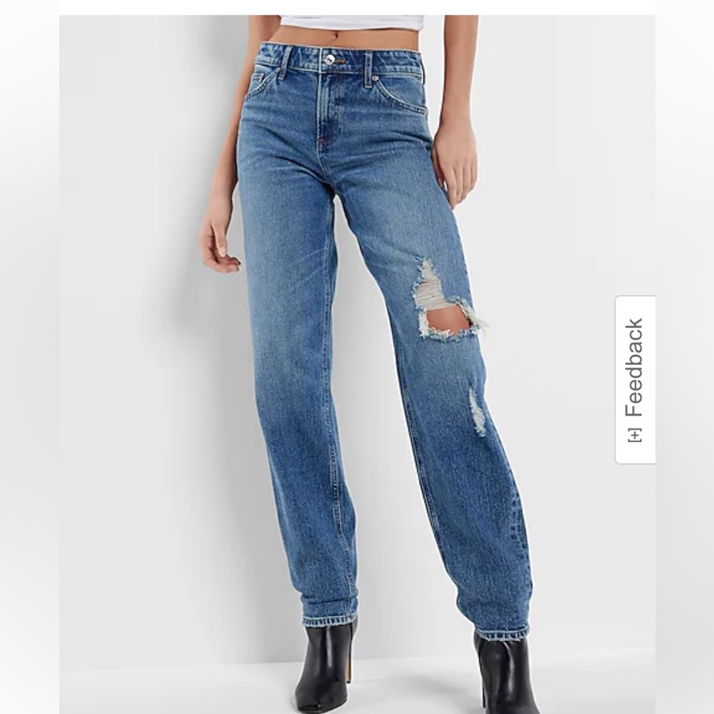 EXPRESS Mid Rise Medium Wash Ripped Baggy Tapered Jeans